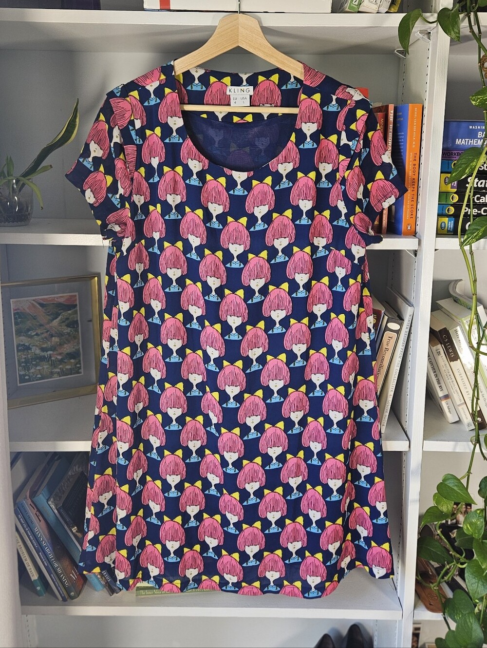 Kling Navy Shift Dress with Pink Hair Girl Graphic Print Size Large Twee Artsy